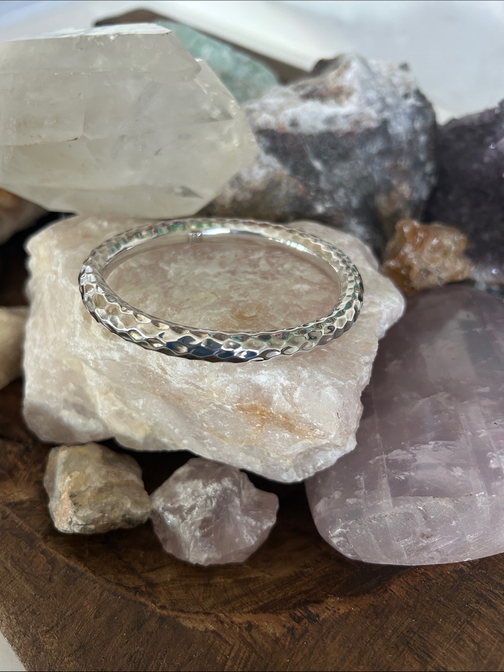 Sterling Silver Hammered Bangle Bracelet - Silver